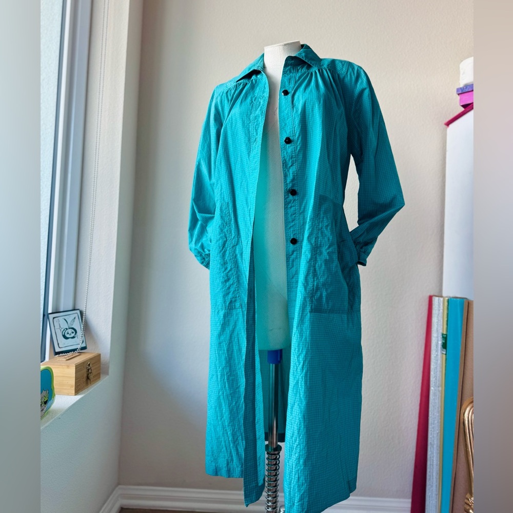 Vintage Teal Long Women's Raincoat - Picture 3 of 12